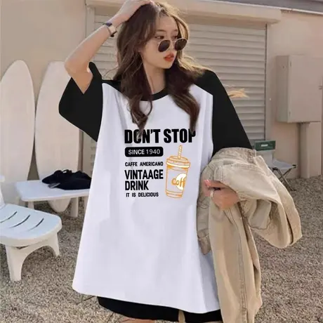纯棉拼接大码宽松插肩短袖t恤女2023夏季新款欧货胖mm撞色上衣服图片