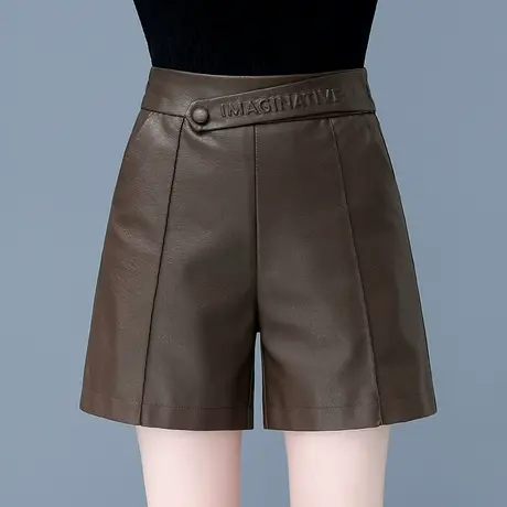 阔腿皮短裤女2023新款外穿高腰咖色PU皮裤休闲五分宽松a字靴裤潮商品大图