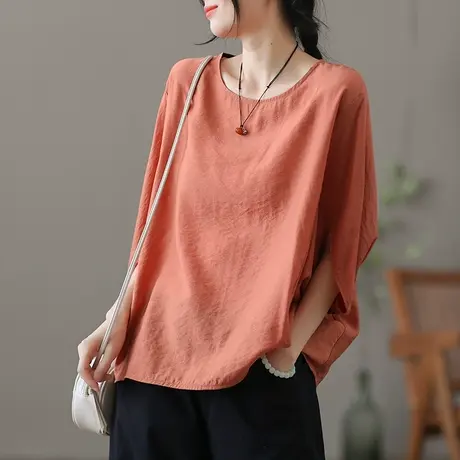 dza 复古薄款蝙蝠袖上衣女士2022夏季宽松短袖t恤七分袖打底体恤商品大图