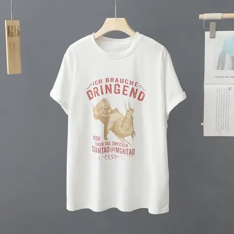 白色短袖女2023春夏新款中长款打底衫美式印花t恤女纯棉上衣体恤图片