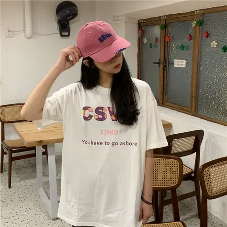 红续字母印花短袖T恤女夏季宽松纯棉2023新款小个子oversize上衣商品大图