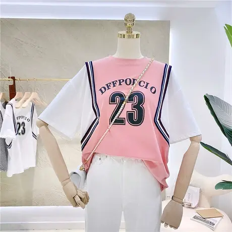 短袖t恤女2021夏季新款韩版ins潮拼接条纹宽松时尚体恤半袖上衣服商品大图