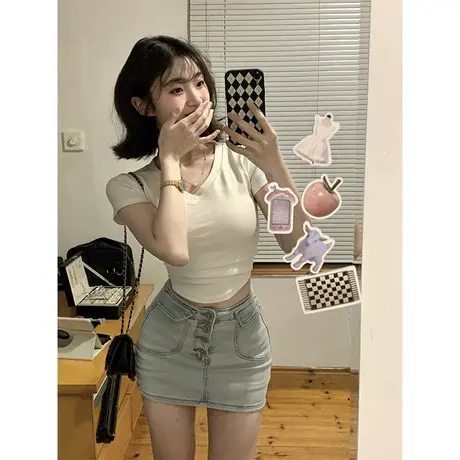 纯棉V领正肩短袖t恤女ins修身辣妹风夏季小众设计感纯欲短款上衣商品大图