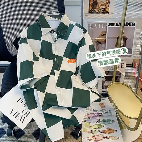 拼色棋盘格子设计感短袖衬衫女夏季宽松学生衬衣小众法式别致上衣商品大图
