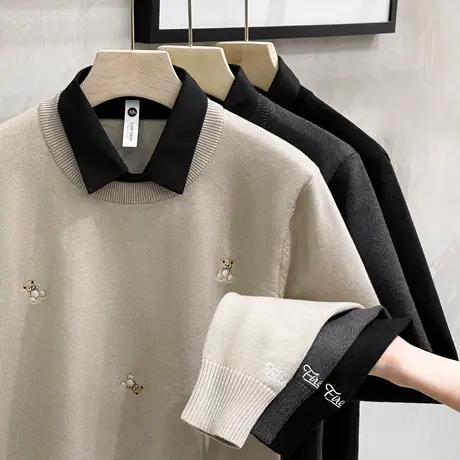 秋冬季厚款小熊刺绣保暖假两件毛衣男修身休闲衬衫领套头针织衫男商品大图