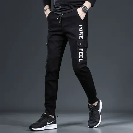 工装牛仔裤男秋冬款黑色字母印花修身束脚男士松紧腰弹力厚款裤子商品大图