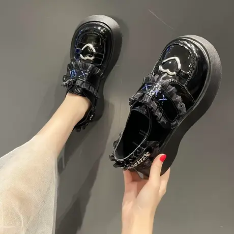 黑色jk甜酷复古魔术贴小皮鞋女英伦风2023年春季新款厚底乐福单鞋商品大图