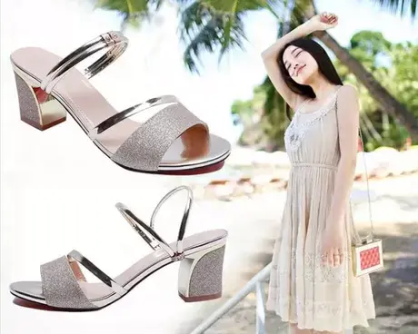 2023新款粗跟凉鞋女夏季银色时尚炸街百搭女士高跟鞋罗马中跟女鞋商品大图