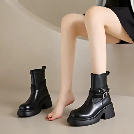 短靴女2023秋季新款女人味粗跟增高气质显瘦复古圆头套筒高跟靴子商品大图