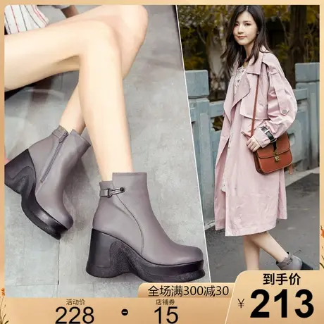 2023秋冬新款欧美风牛皮短靴女拉链坡跟高跟马丁靴女皮靴女鞋皮靴商品大图