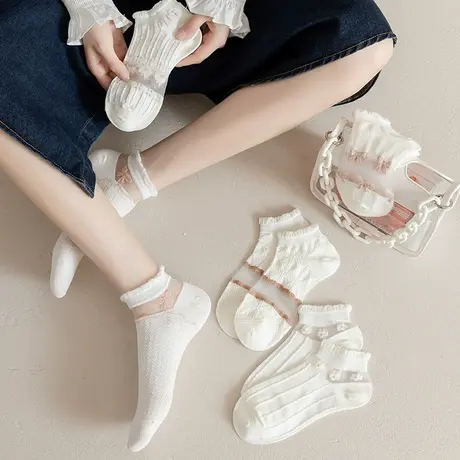 袜子女短袜春夏季薄款透明袜子ins潮花边棉袜洛丽塔少女甜美船袜商品大图