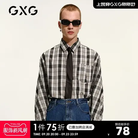 GXG男装 春季商场同款黑白格纹口袋长袖衬衫男衬衣商品大图