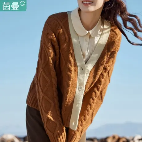 茵曼v领麻花毛衣女秋冬2023新款长袖上衣针织衫开衫外套秋季短款图片