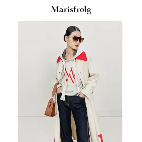 【设计感风衣】玛丝菲尔春新款杏色连帽中长款风衣外套时尚减龄商品大图