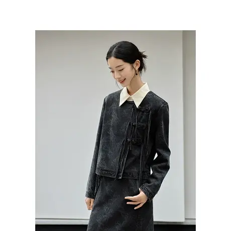 茵曼新中式国风圆领花叶印花短外套2023秋女装新款宽松显瘦上衣图片
