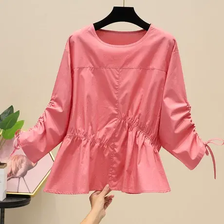 系带A字纯色衬衫女2023夏秋款宽松松紧褶皱不规则设计感小衫衬衣商品大图