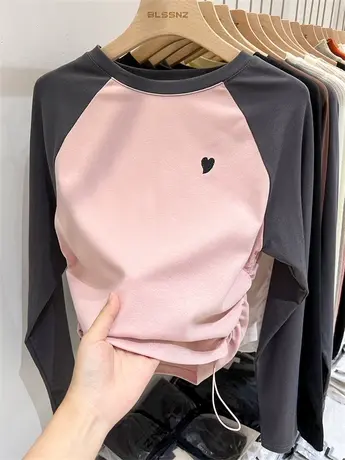 插肩袖长袖t恤女秋季2023新款设计感小众抽绳甜辣修身上衣打底衫商品大图