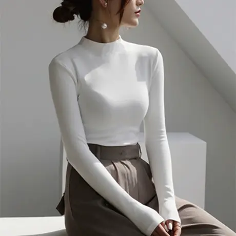 2023年早春秋冬季新款内搭半高领辣妹打底小衫白色长袖t恤女上衣商品大图