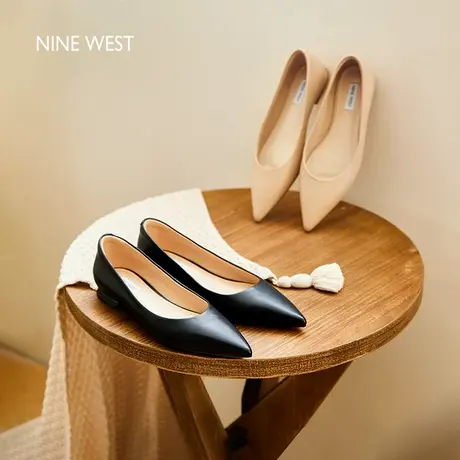Nine West/玖熙苏州河裸色尖头单鞋女2025夏季新款舒适平底奶奶鞋图片