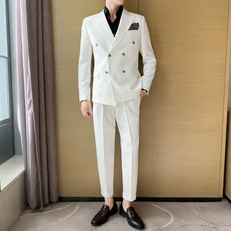 休闲戗驳领西装男垂感双排扣外套白色西服搭配英伦九分裤一套装潮图片