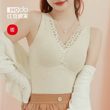 红豆居家背心保暖女内衣带胸垫一体发热蚕丝无痕冬季打底蕾丝V领商品大图