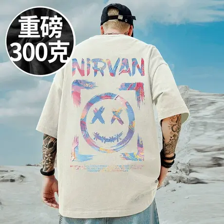 小恶魔短袖笑脸鬼脸300g重磅美式ins潮牌宽松T恤纯棉大码男装半袖商品大图