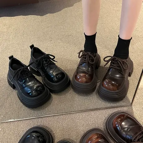 黑色英伦风小皮鞋女2025新款秋冬百搭复古系带单鞋厚底粗跟乐福鞋商品大图