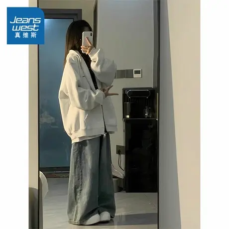 KMV真维斯浅灰色卫衣开衫女士2025新款爆款春季洋气宽松拉链外套商品大图