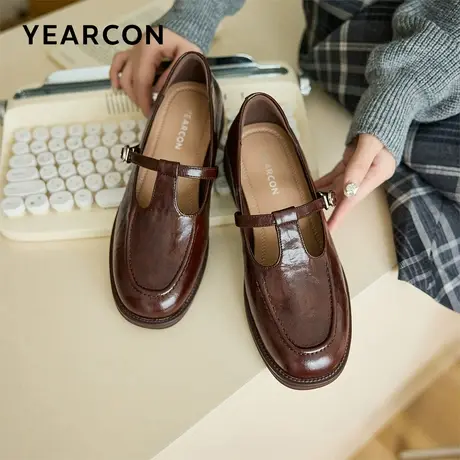 意尔康女鞋2025秋季学院风乐福鞋T型玛丽珍单鞋粗跟小皮鞋配裙子图片