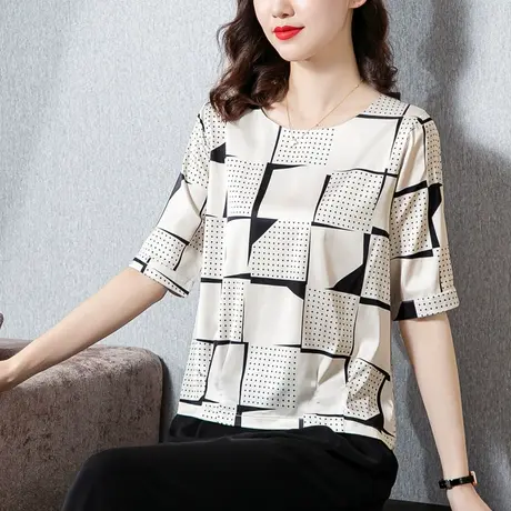 真丝短袖女t恤2023年新款夏季休闲时尚印花大码绸缎面桑蚕丝上衣商品大图