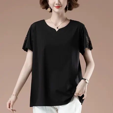 短袖t恤女夏季加肥加大码女装宽松中年妈妈纯棉蕾丝拼接纯色体恤商品大图
