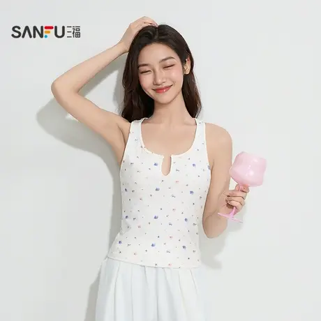 三福女夏季满印V领宽肩背心 甜酷修身易搭工字背上衣女503799商品大图
