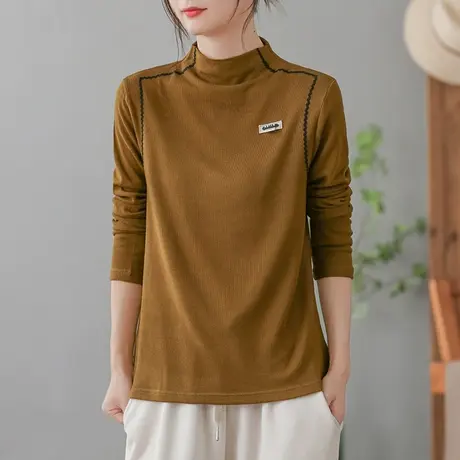 dza 复古短款宽松高领打底衫女士春秋新款休闲内搭上衣高弹力T恤商品大图