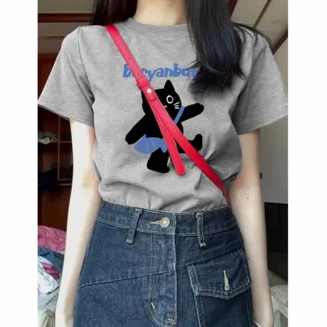 甜辣夏季设计感修身可爱猫咪卡通印花短袖t恤女ins别致显瘦上衣图片