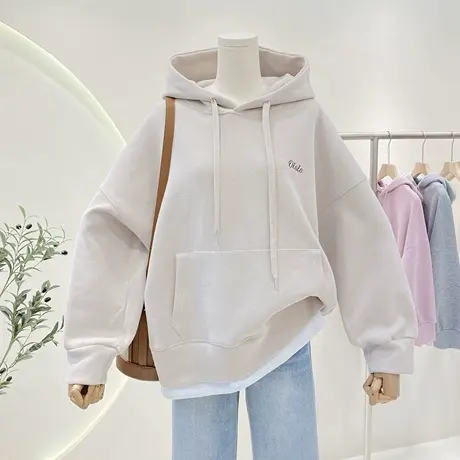 假两件连帽卫衣女春季女装时尚百搭宽松拼接白色边休闲帽衫外套商品大图