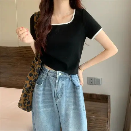 撞色短袖T恤女夏设计感小众短款高腰显瘦辣妹上衣2023年新款ins潮图片