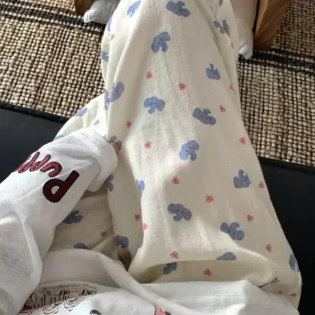 蝴蝶结小象印花睡裤女春秋季2025新款有口袋舒适休闲居家遛弯裤图片