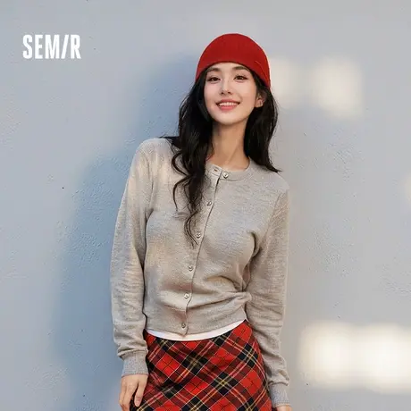 森马针织开衫女短款红色纯色气质2025新款春季叠穿圆领毛衫简约风图片