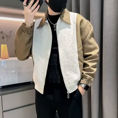 高级感撞色拼接外套秋季机车INS小众潮牌痞帅翻领个性休闲夹克商品大图