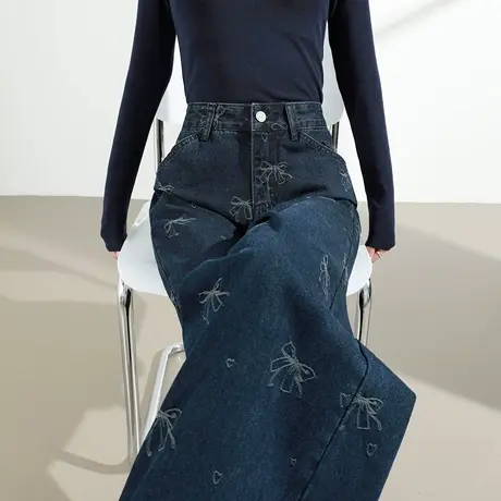 蝴蝶结提花棉麻阔腿牛仔裤女2025春秋新款高腰显瘦垂感直筒拖地裤商品大图
