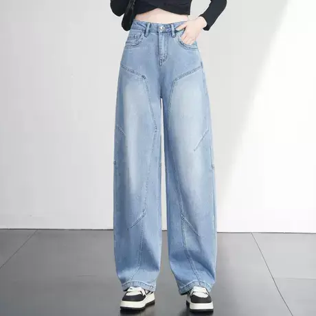 春秋新款浅蓝色高腰弯刀牛仔裤女士宽松遮肉拼接设计感显瘦休闲裤商品大图