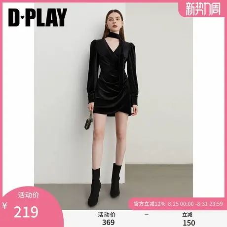 DPLAY2025年秋季法式复古黑色连衣裙女V领丝绒千金风收腰中长裙图片