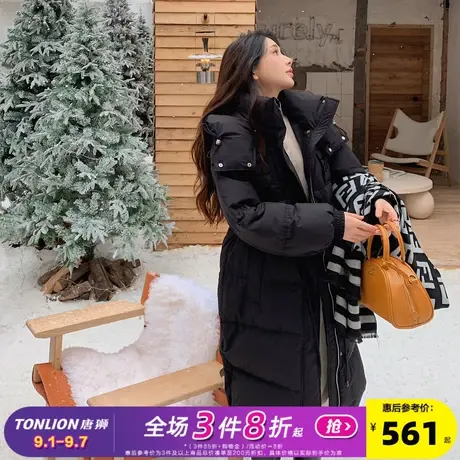 唐狮新款女长款收腰黑色羽绒服女2024新款冬季连帽厚外套慵懒风cq图片