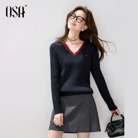 [新品]OSA欧莎撞色v领羊毛衫女2025秋季新款复古慵懒打底针织上衣商品大图