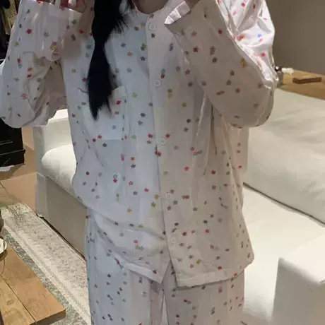 日系可爱~七彩小星星全棉双层纱布长袖长裤翻领睡衣家居服套装商品大图
