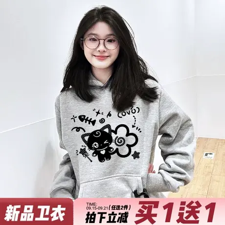 ulzzang可爱风卡通印花灰色连帽卫衣女韩系通勤宽松百搭套头上衣商品大图