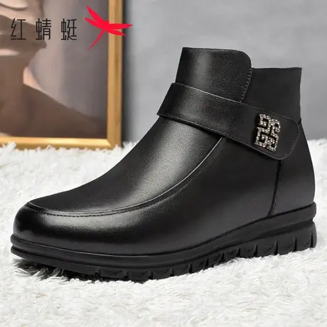 红蜻蜓女鞋2025冬季真皮加绒保暖短靴中老年妈妈棉鞋防滑短筒靴子图片