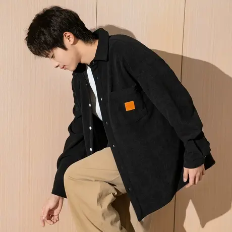 唐狮春秋季款男翻领前胸单口袋皮标长袖衬衫宽松日常休闲外套潮TD图片