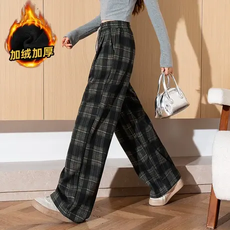 唐狮秋冬季新款女休闲裤加绒棕色流行阔腿直筒显瘦格子裤子WPTD商品大图