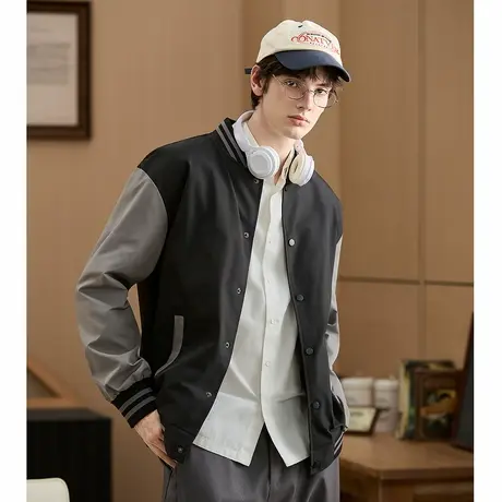 唐狮春秋季棒球服男袖子撞色拼接梭织秋季外套男款黑色时尚潮TU商品大图